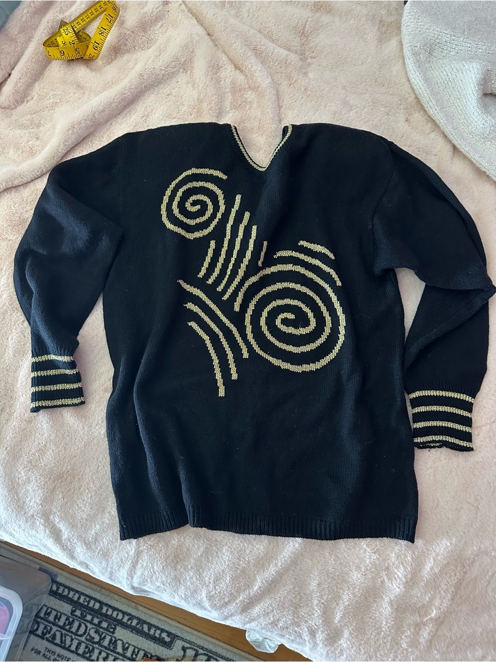 Liz Claiborne Vintage Black V-Neck Sweater with Gold Spiral Detail